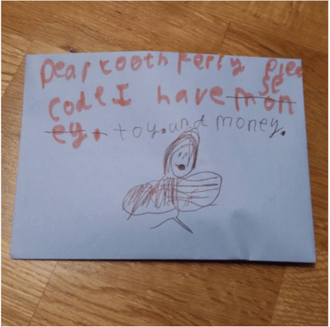 "Dear tooth fairy, please could I have money. (money crossed out) toy. and money."