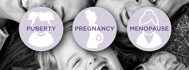 three women of different ages laughing, with overlay: "puberty, pregnancy, menopause"
