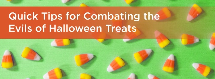 quick tips for combating the evils of halloween candy text overlaying candy corn