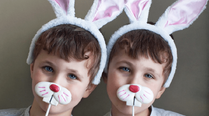 two boys wearing bunny ears and holding bunny nose cookies 