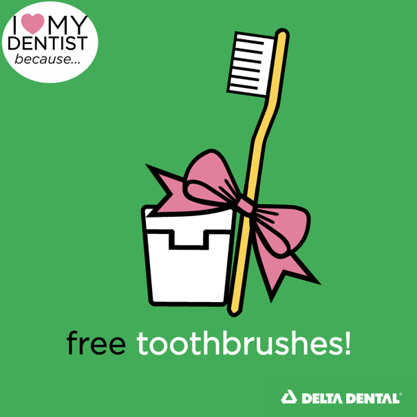 cartoon of toothbrush and floss with a bow around it, overlay: "free toothbrushes!"