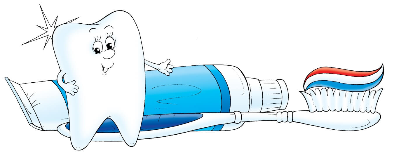 tooth cartoon standing next to toothbrush and toothpaste