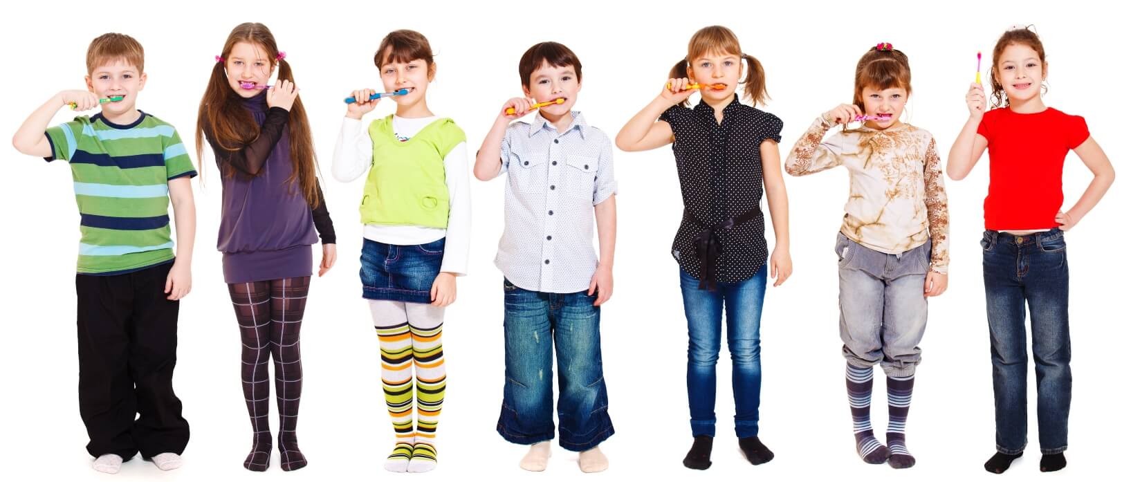7 children with toothbrushes