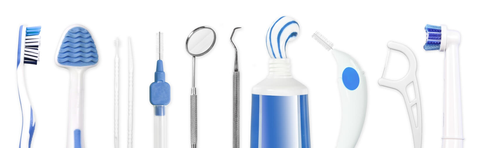 blue and white dental tools lined up. toothbrush, floss, pick, mirror, toothpaste